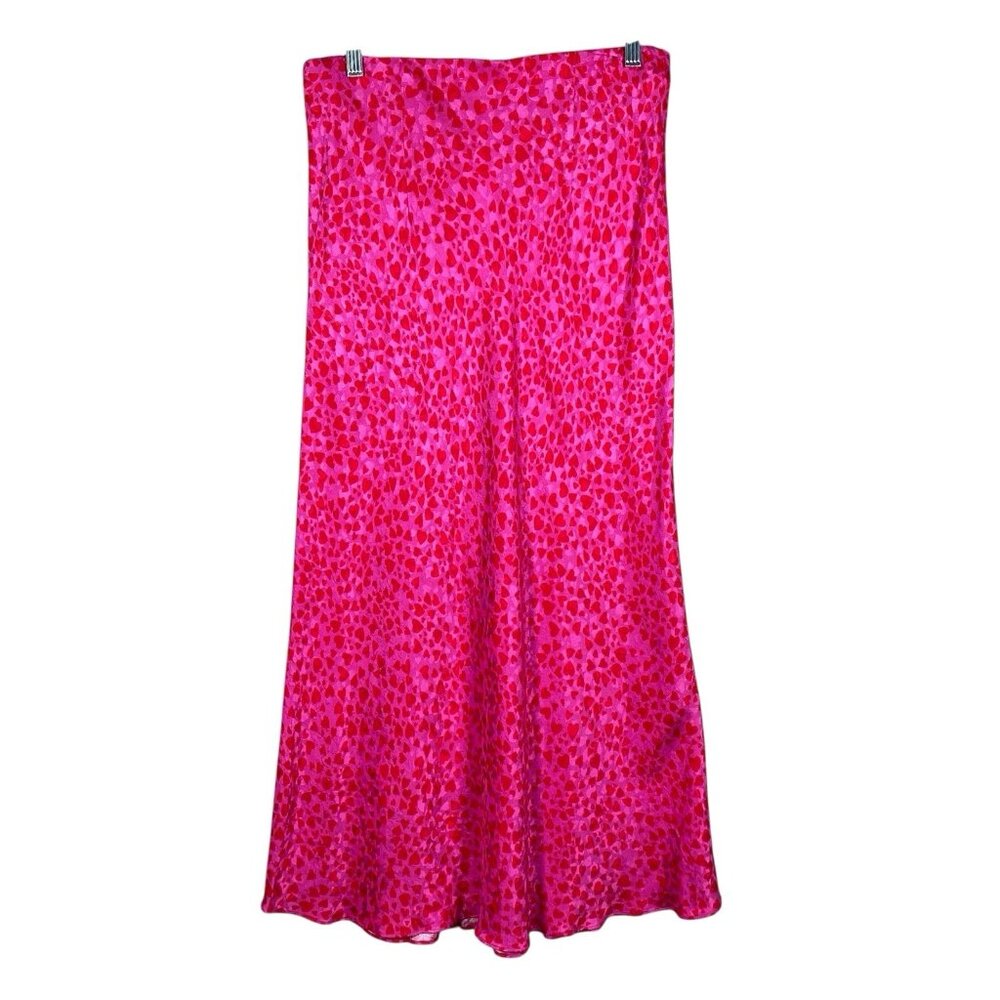 Loft Bias Midi Skirt Size M Pink Red All Over Heart Print Y2K 90s Flowy Romantic - Picture 5 of 13